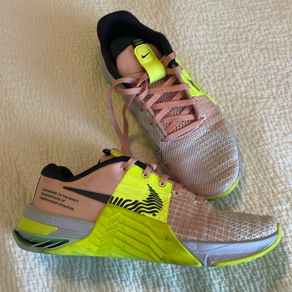 Women’s Pink and Neon Nike Metcons. Size 8